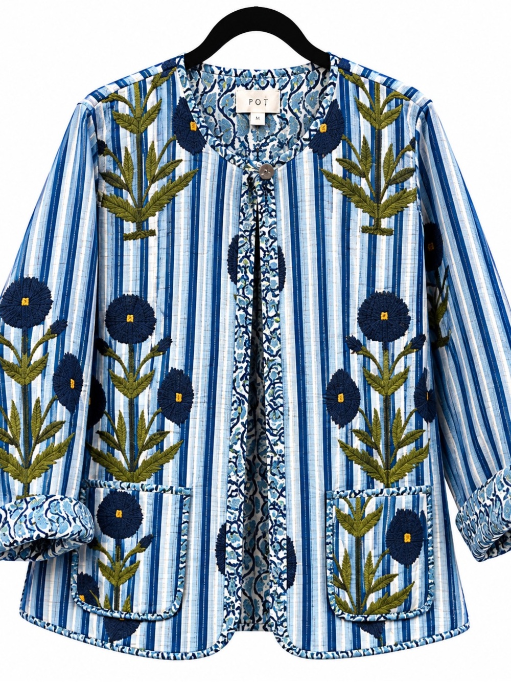 POL Blue and White Striped Embroidered Floral Jacket